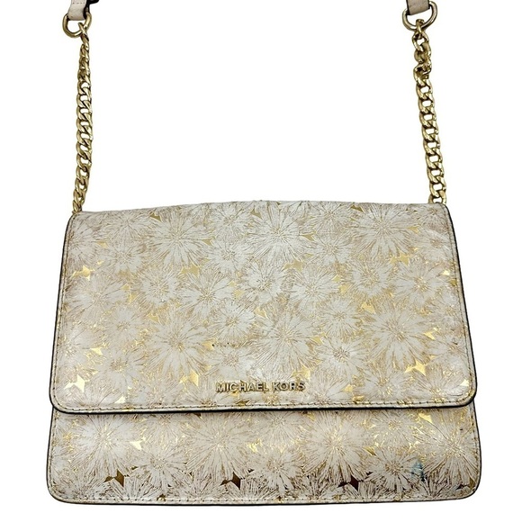 Michael Kors Metallic Floral Crossbody Bag Purse Gold Cream Leather 32S8MF5C7K - Picture 1 of 16